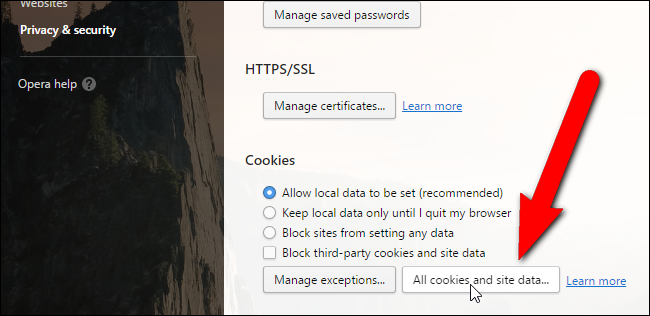 Кнопка «Все файлы cookie и данные сайтов» в Opera