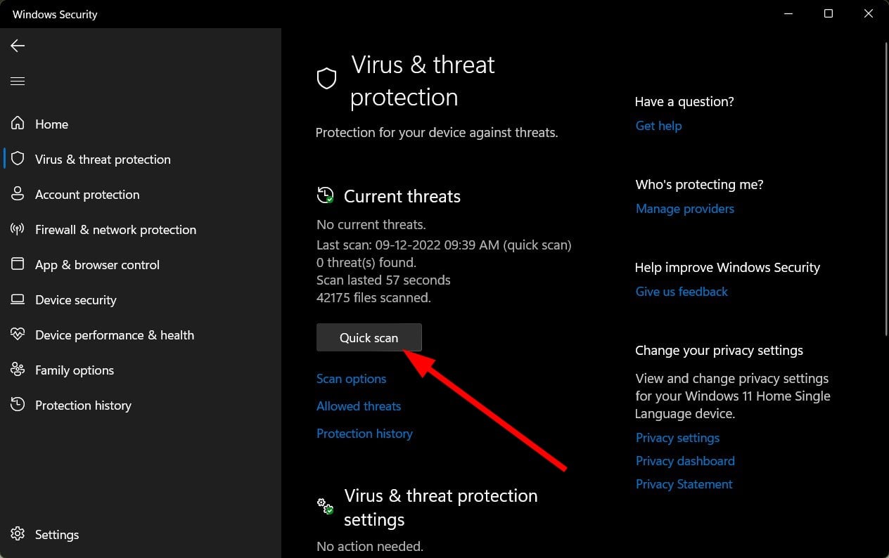 Быстрое сканирование в Безопасности Windows