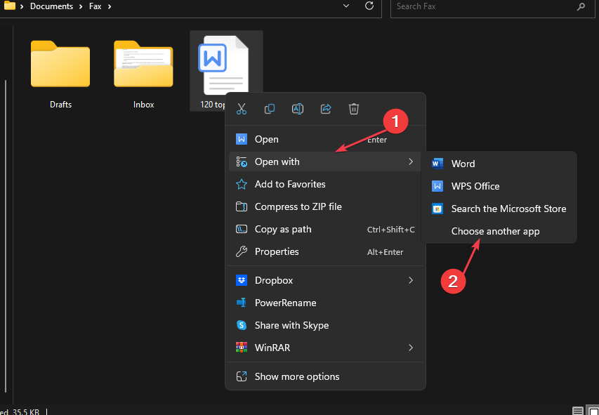 Выбор приложения для открытия файла