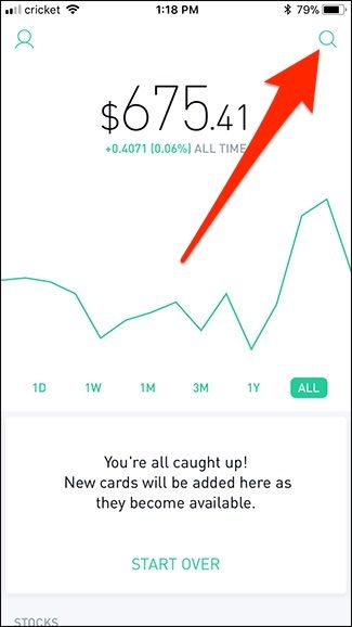 Кнопка поиска акций в приложении Robinhood (верхний правый угол)