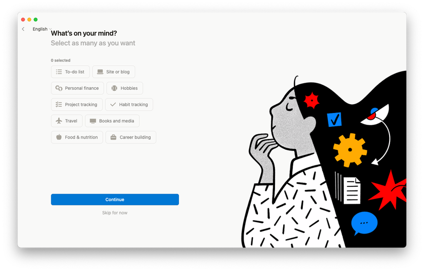 Экран приветствия Notion с выбором функций для персонализации