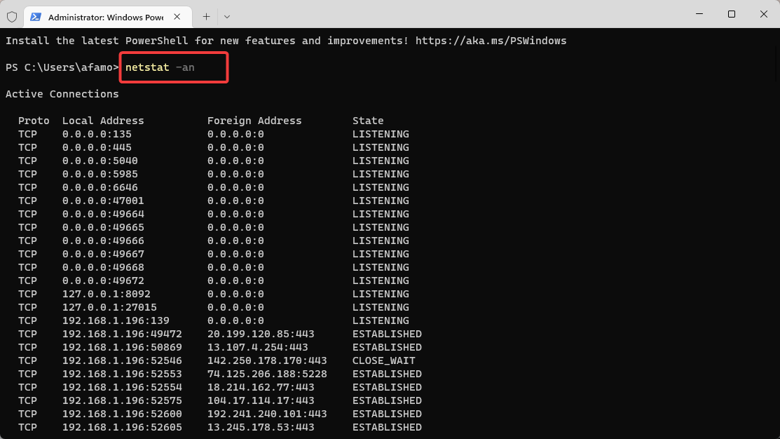 Вывод netstat с IP-адресами и PID