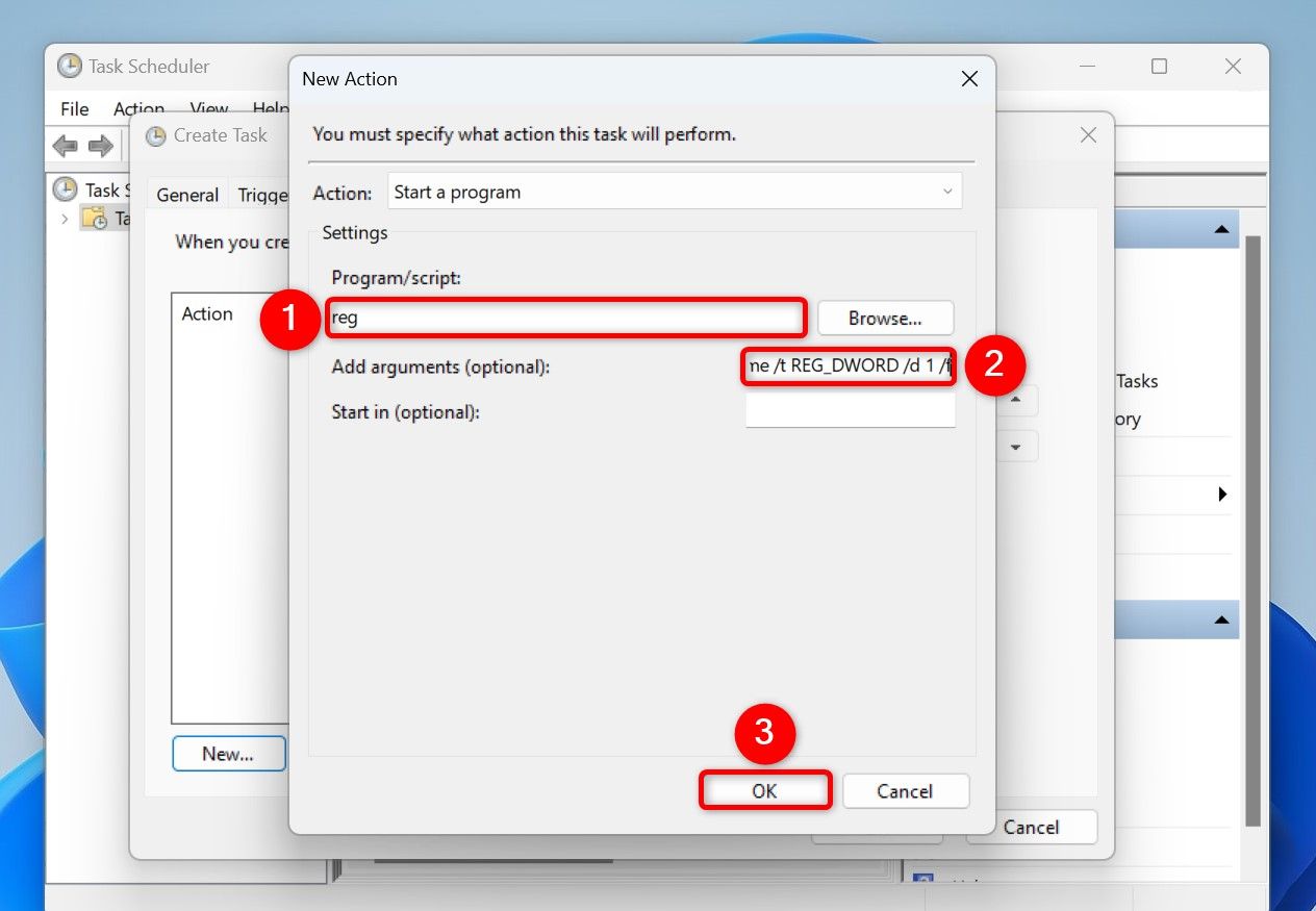 Выделены 'Program/Script', 'Add Arguments (Optional)' и 'OK' в окне Нового действия'