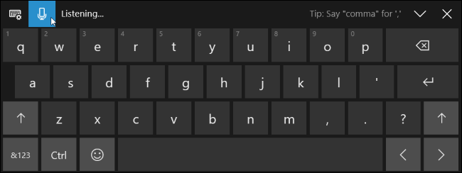 Коснитесь кнопки микрофона в сенсорной клавиатуре Windows