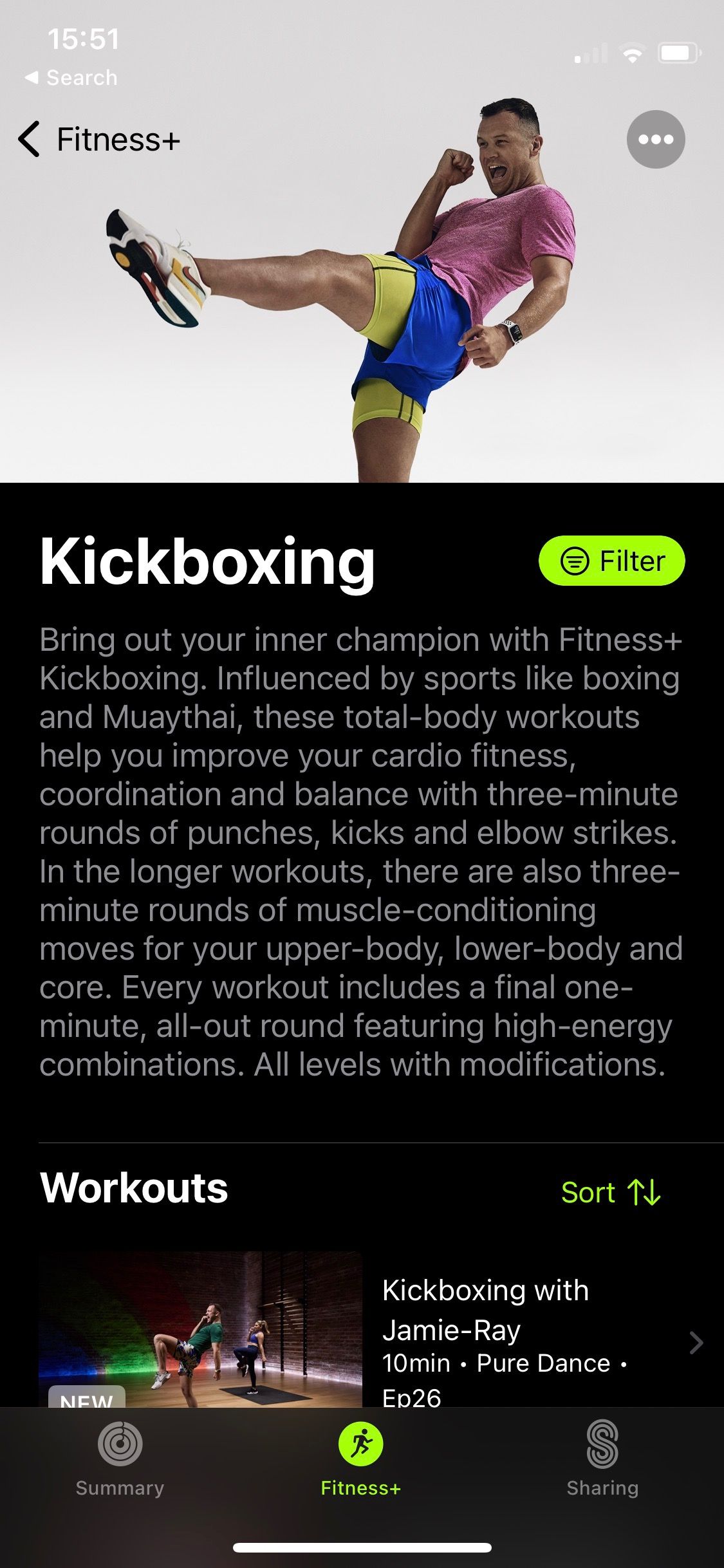 Скриншот тренировок по кикбоксингу в приложении Apple Fitness+