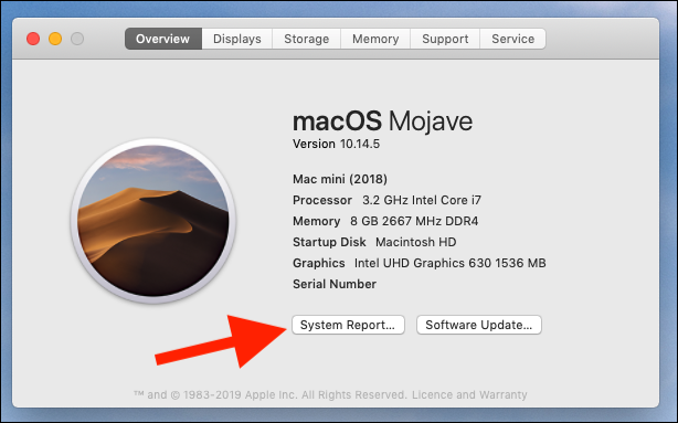 Окно Об этом Mac с кнопкой «Системный отчет»