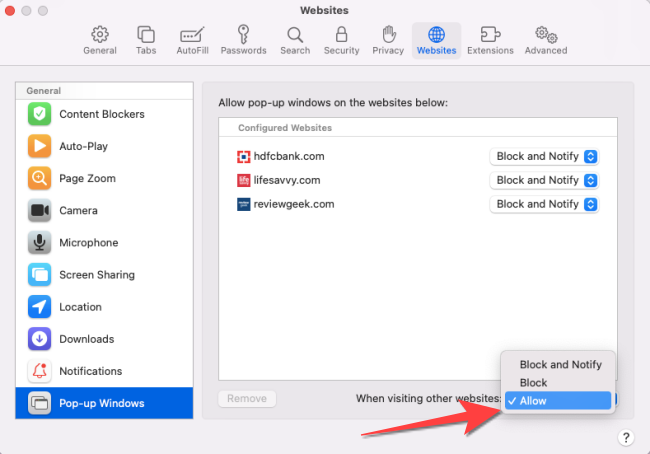 Используйте выпадающее меню в левом нижнем углу, чтобы выбрать «Разрешить».