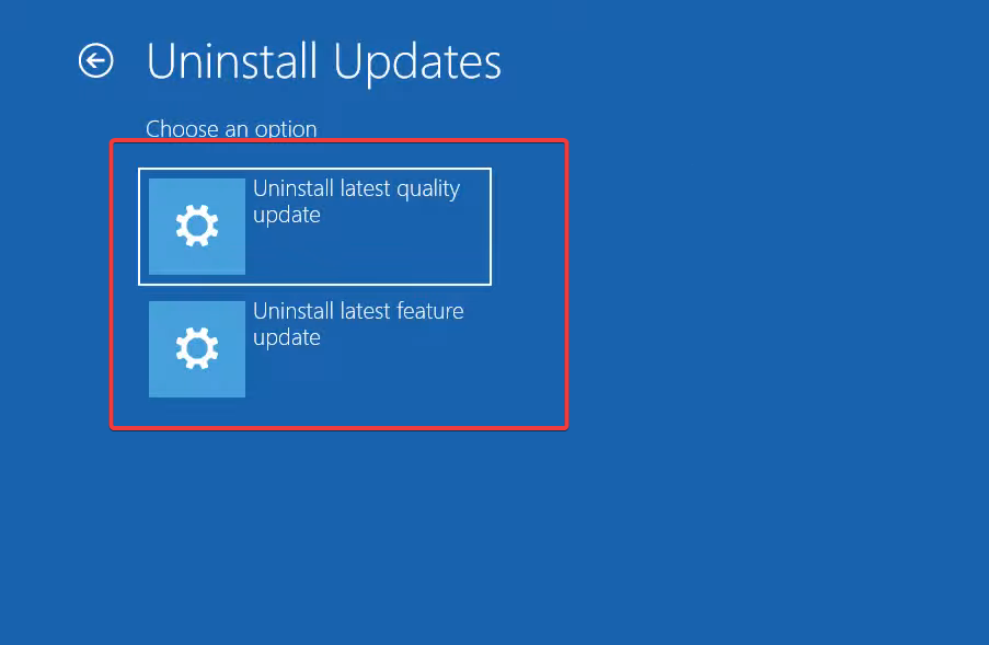 Экран выбора типа обновления для удаления