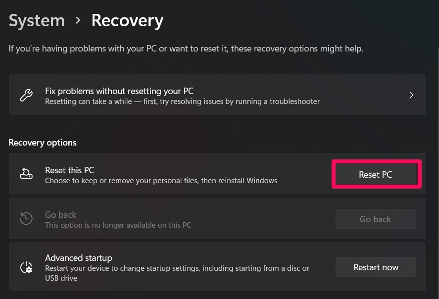 Сброс настроек Windows (Reset this PC)