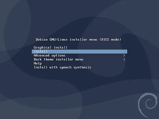 Экран загрузки Debian 10 с опциями Install и Graphical install