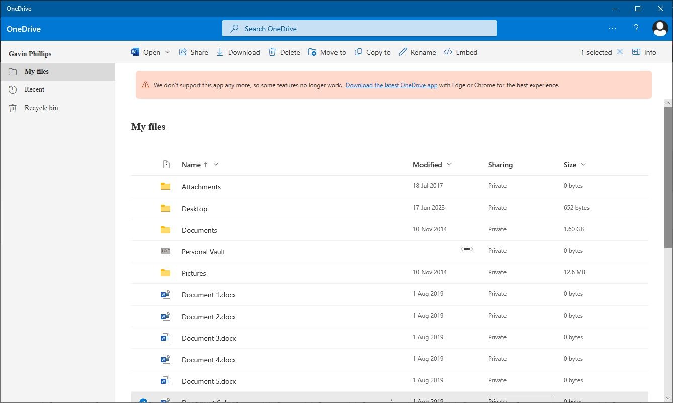 приложение OneDrive из Microsoft Store, главный экран