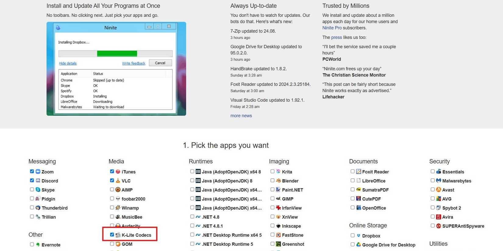 Установщик Ninite с выбранным K-Lite Codec Pack