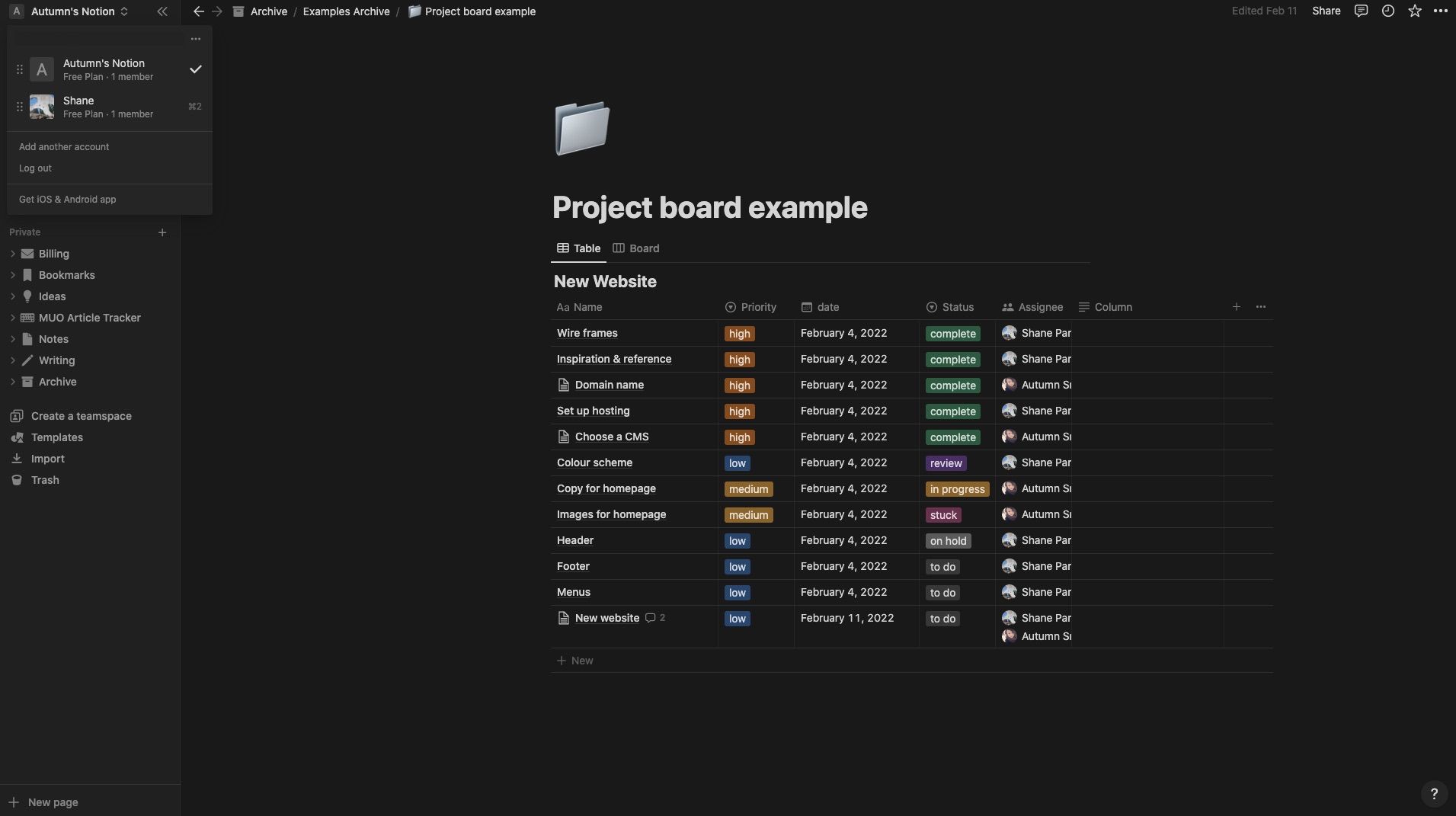 Список рабочих пространств в Notion