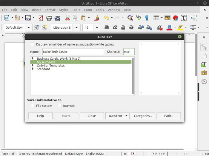 Libreoffice Writer Autotext Snippets Window