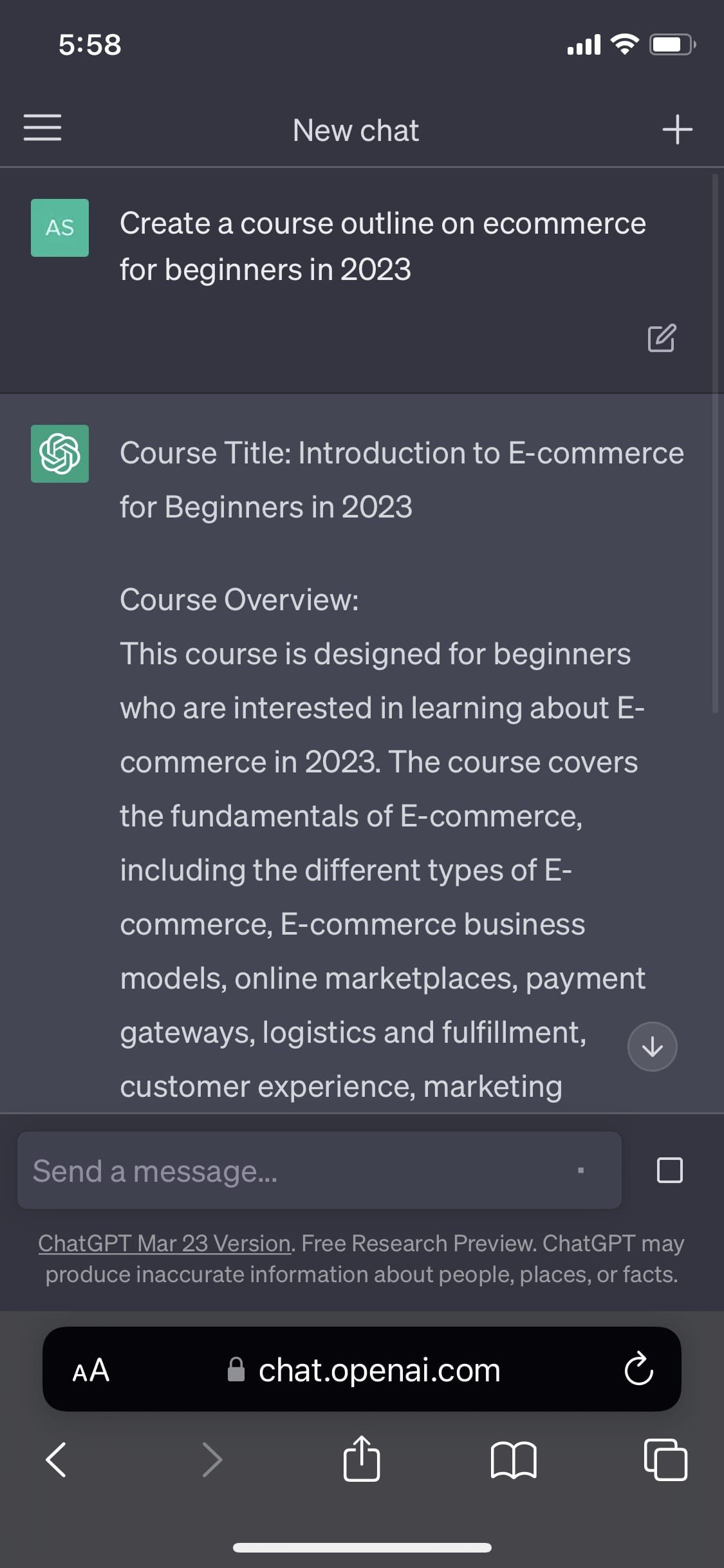 ChatGPT conversation screen iPhone