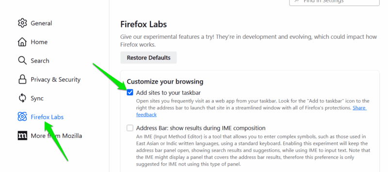 FirefoxでTaskbar Tabsを有効にする画面