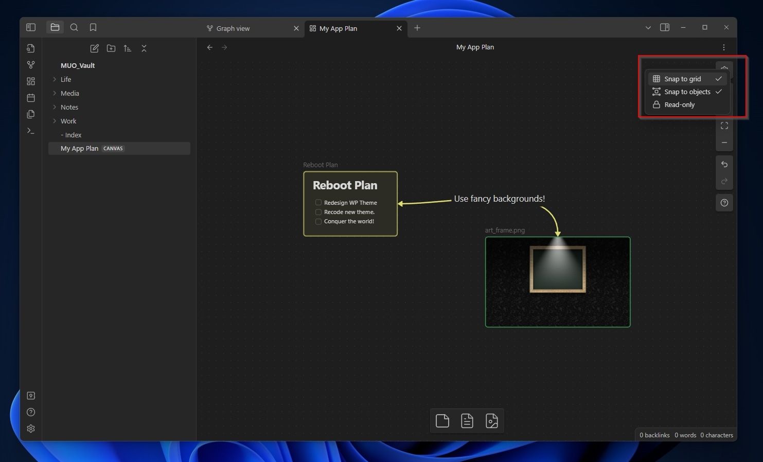 Опции привязки и режим Только для чтения в боковой панели Canvas