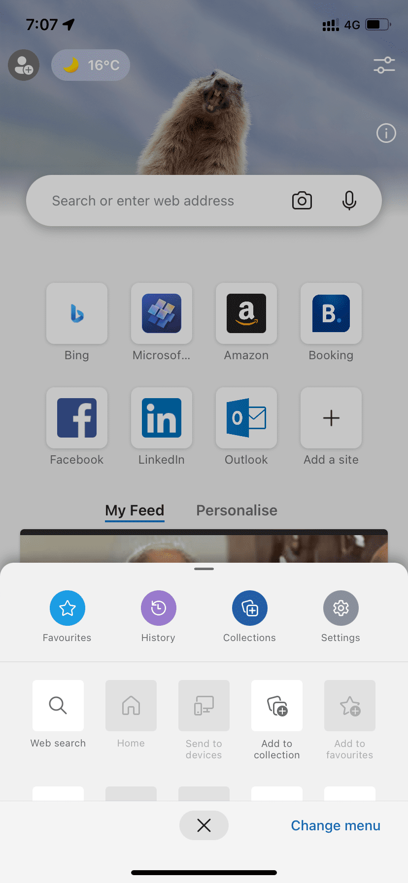 Окно настроек Edge на iPhone