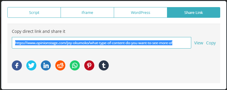 Опция Share Link в Opinion Stage с кнопкой копирования ссылки опроса