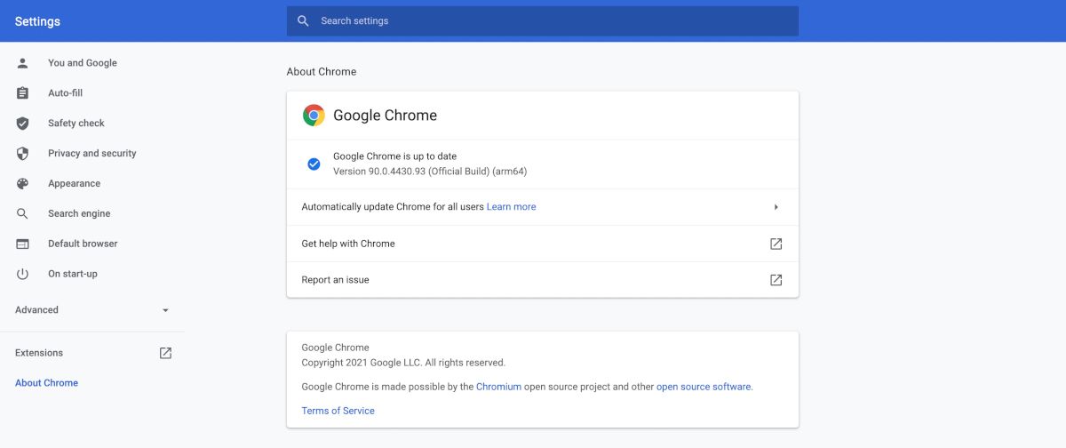 Окно «О Google Chrome» с информацией о версии и обновлениях