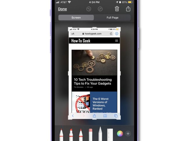 Режим редактирования скриншота на iPhone.