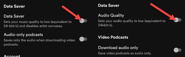 Переключатель настроек Data Saver/Audio Quality в приложении Spotify