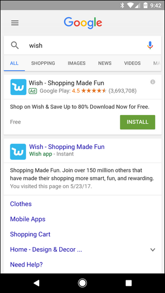 Поиск Wish в Google — результат с Instant App