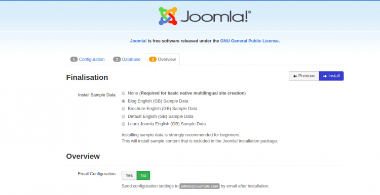 Завершение установки Joomla