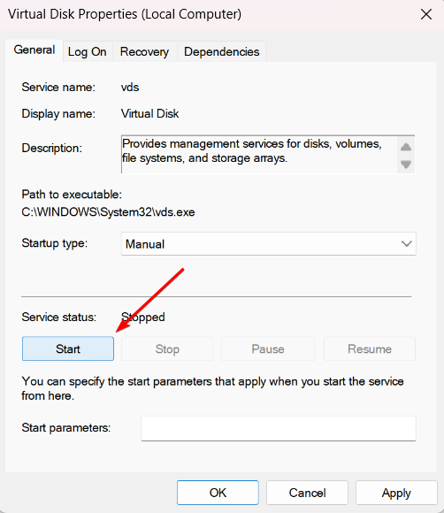 Кнопка Start для запуска службы