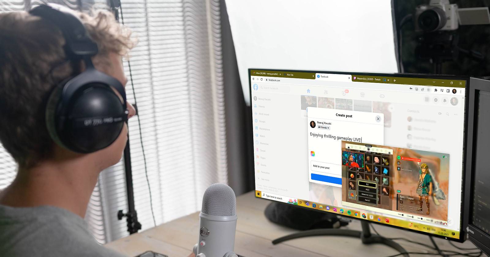 Человек публикует пост и смотрит Twitch в режиме картинка в картинке