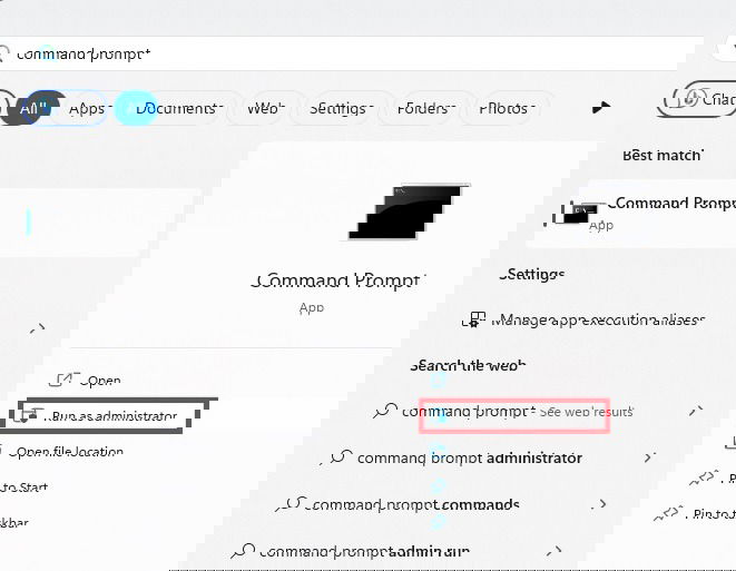 Ввод «command prompt» в меню Пуск