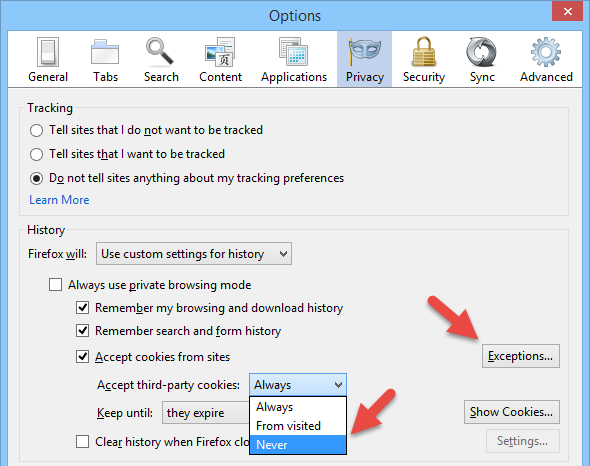 Выбор «Никогда» для сторонних cookie в Firefox