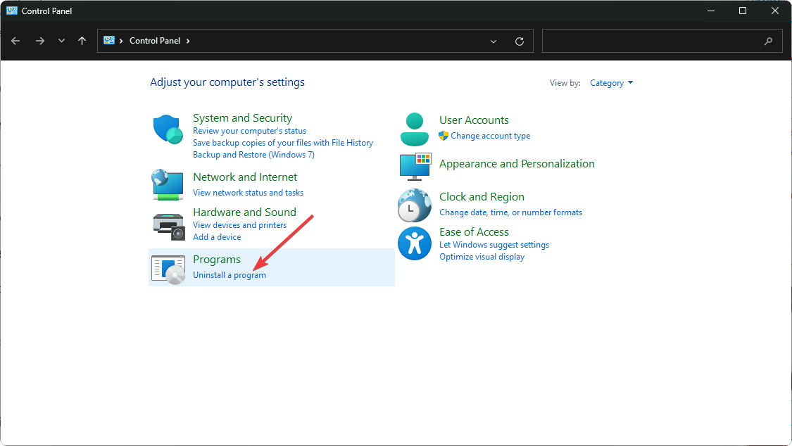 Список установленных программ в Панели управления