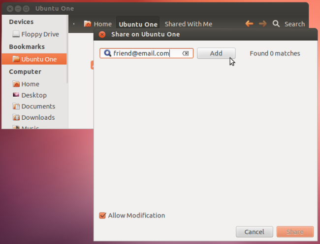 Добавление адреса электронной почты для приглашения в Ubuntu One