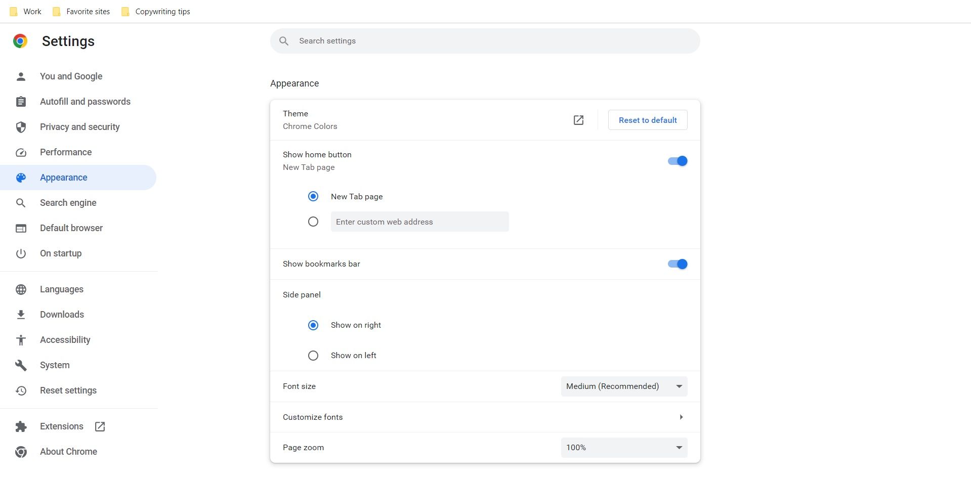Раздел Внешний вид в настройках Chrome