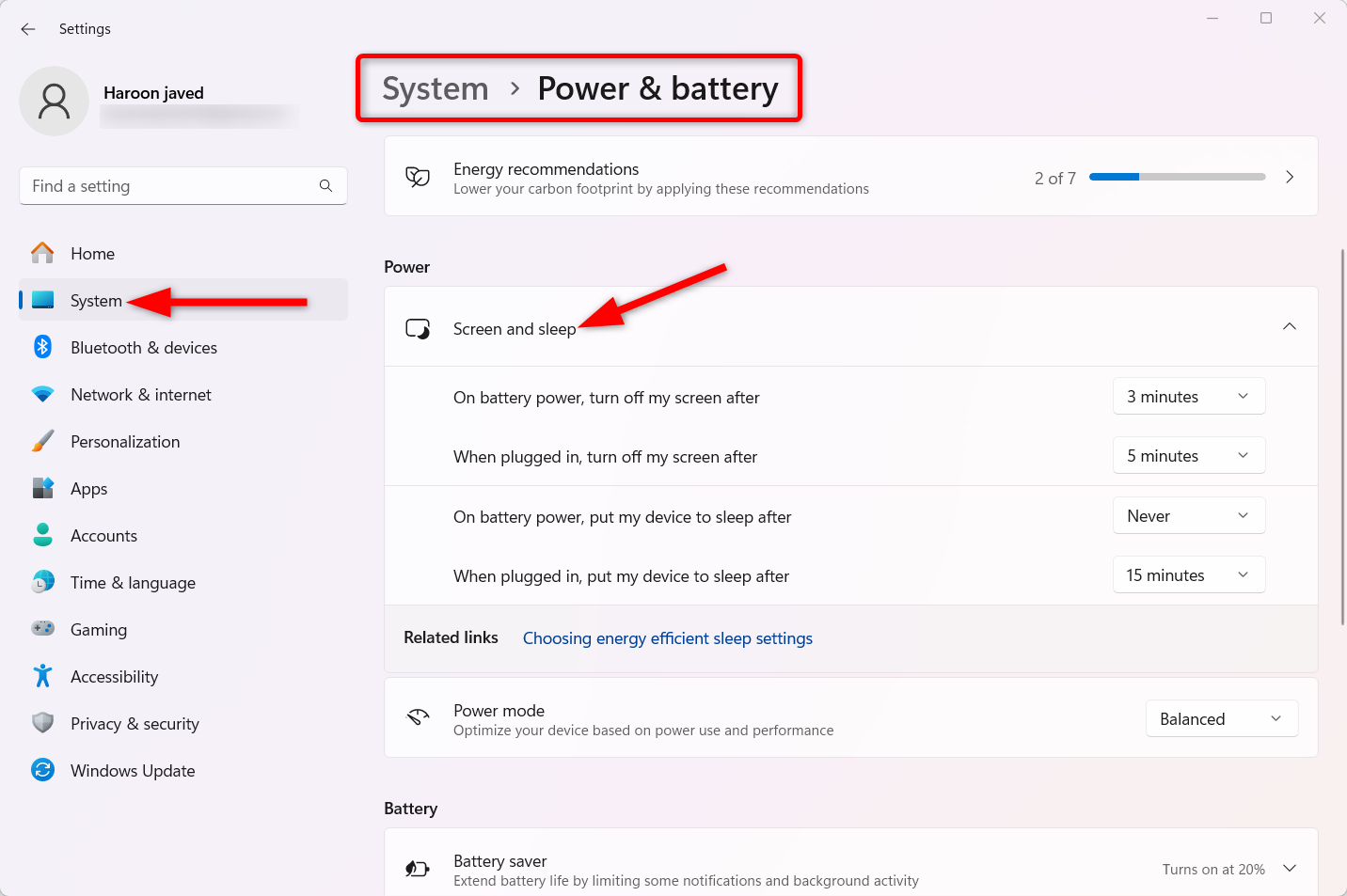 Изменение времени экрана и сна в настройках Windows.