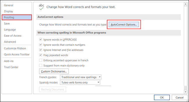 Выберите Правописание и Параметры автозамены