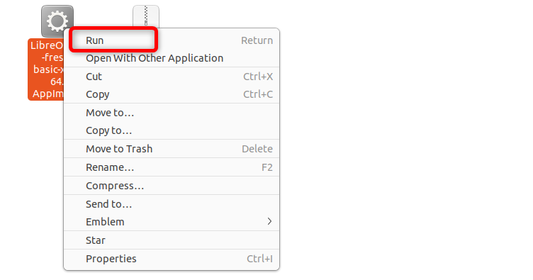 Контекстное меню AppImage LibreOffice с опцией Запустить