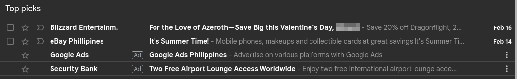 Скриншот почтового ящика Gmail с рекламой.