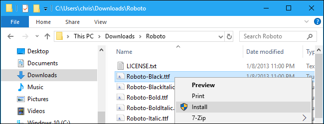 Окно предпросмотра шрифта с кнопкой «Установить».