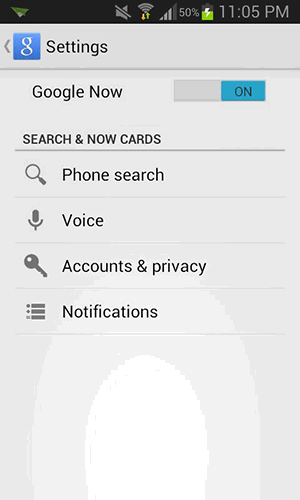 Включение Google Now: переключатель в положение ON