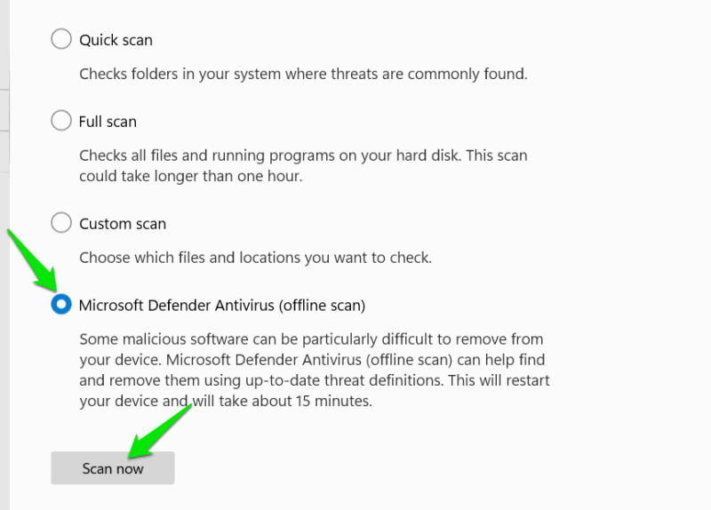 Opzione Scansione offline di Microsoft Defender in Virus & threat protection
