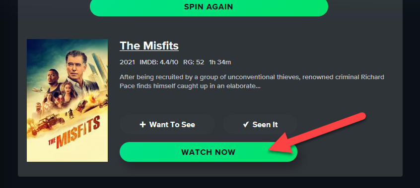 Страница с предложенным названием и кнопкой «Watch Now» на ReelGood.