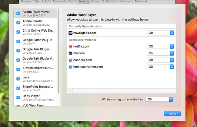 Настройки плагинов в Safari: Java и Flash отключены