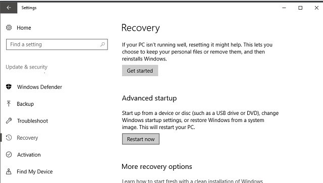 Кнопка «Перезагрузить сейчас» в Windows для дополнительных параметров загрузки