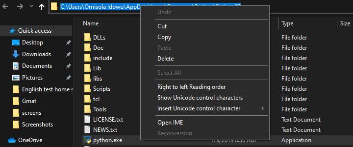 Как скопировать путь к папке установки Python в Проводнике