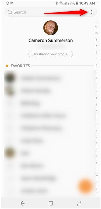 Скриншот: главное окно приложения Контакты на Samsung