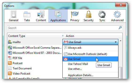 Окно настроек Firefox: для mailto выбран