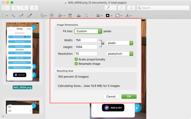 Изменение размера в Preview на Mac