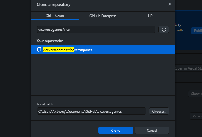 Поиск репозитория в приложении GitHub Desktop